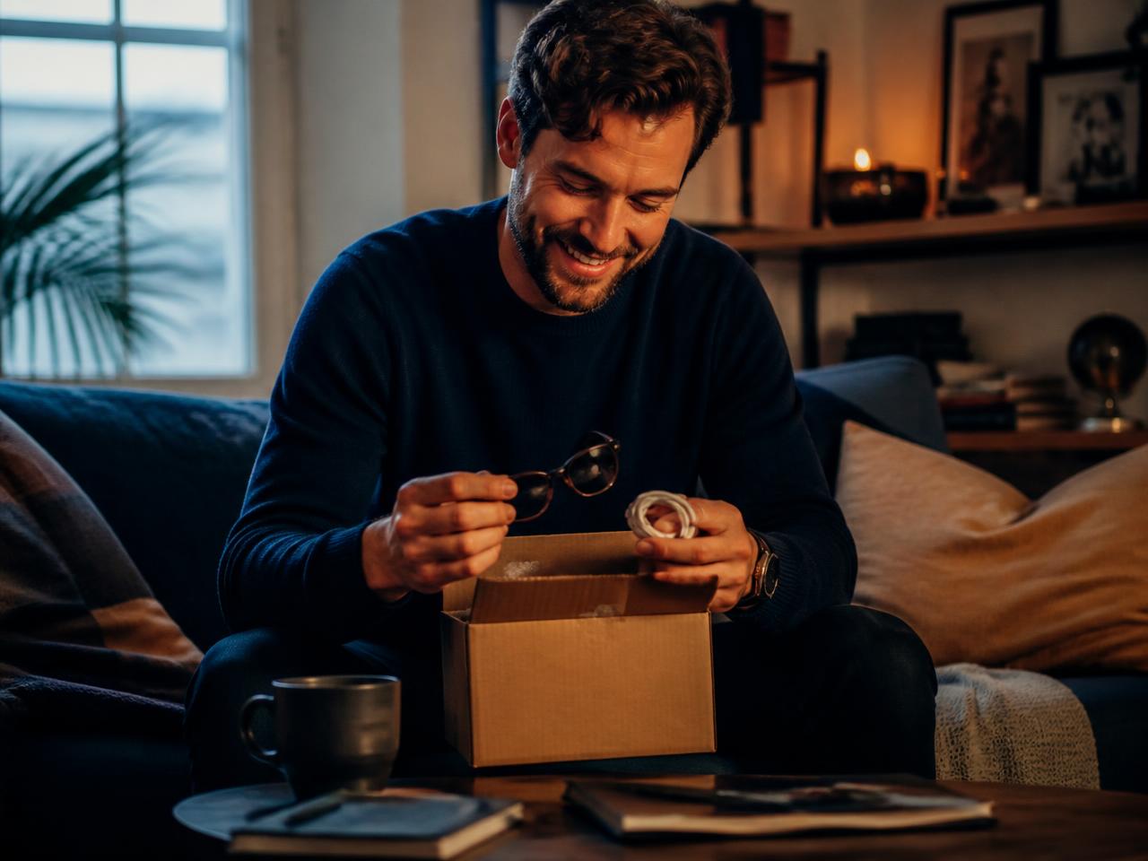 Traveller at home opening a parcel containing forgotten sunglasses and a charger