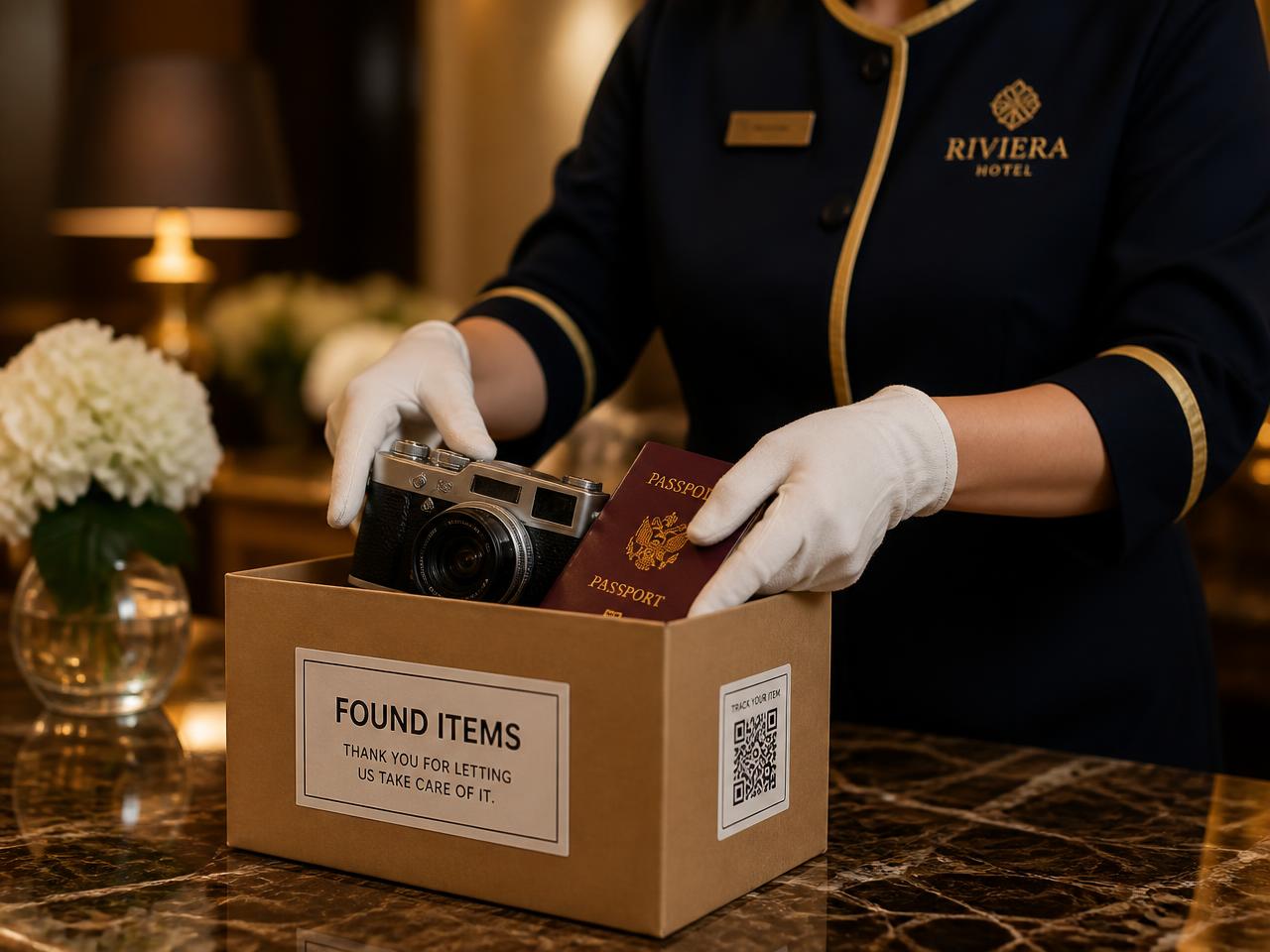 Hotel housekeeper placing a forgotten camera and passport into a labelled found-items box